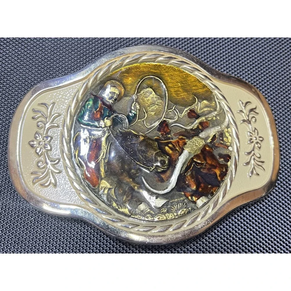 MBCI Belt Buckle Mens Gold Tone Western‎ Cowboy Rodeo Roping Longhorn Enamel